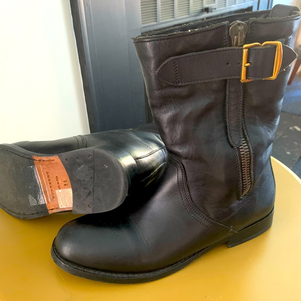 BURBERRY Black leather Shearling Lined Moto Biker Boots